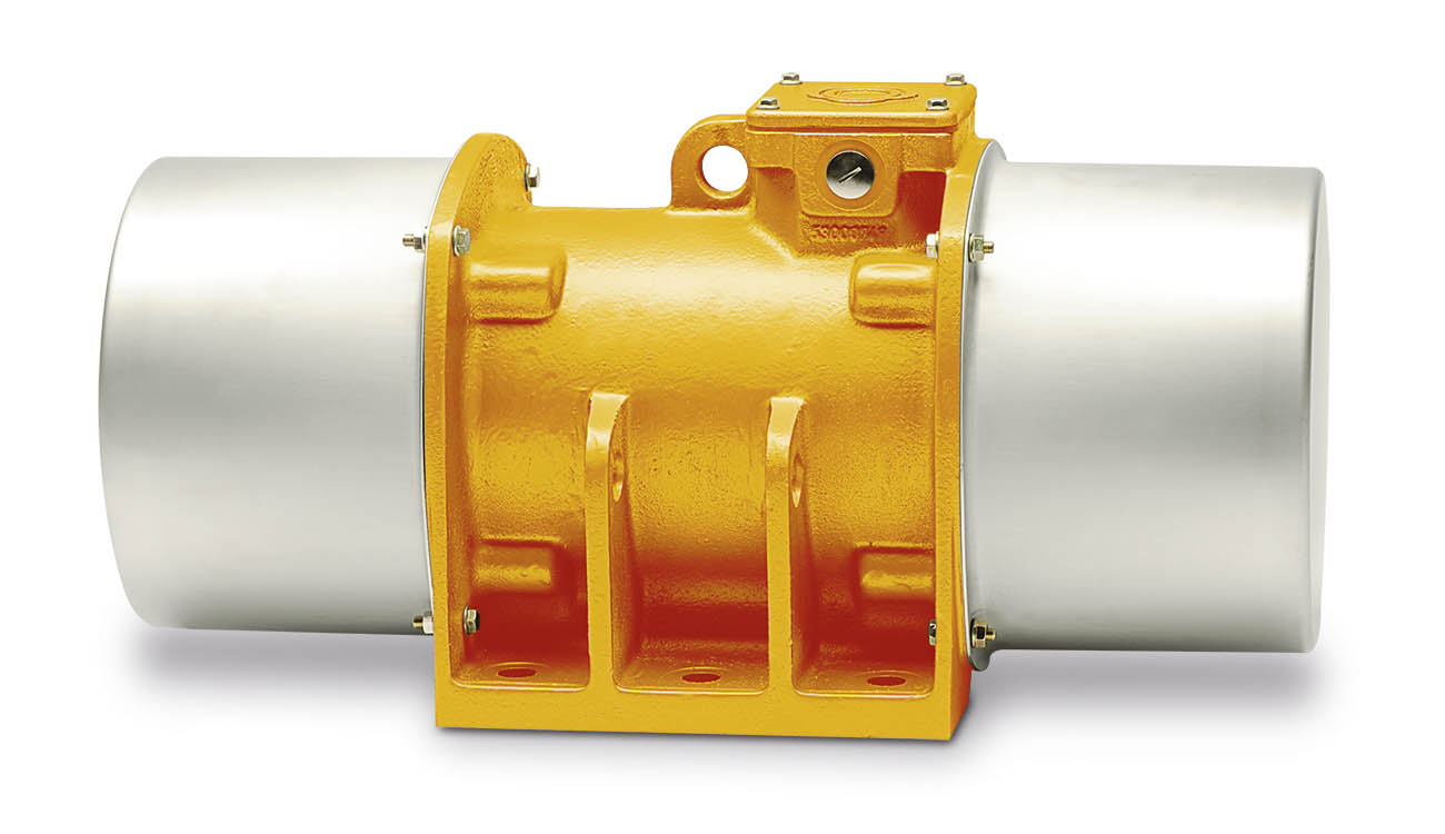 Abbildung eines gelbenFRIEDRICH Vibrationsmotoren mit Edelstahlhauben FHE-Type