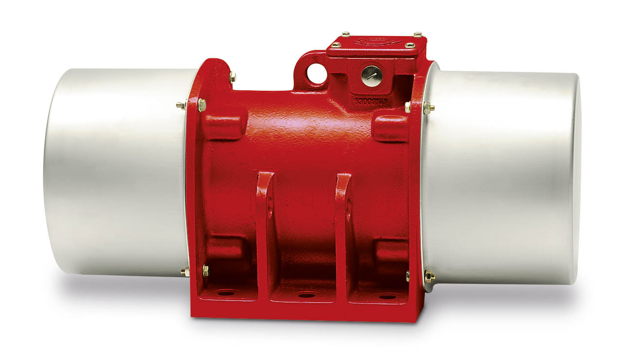 Abbildung eines rotenFRIEDRICH Vibrationsmotoren mit Edelstahlhauben FHE-Type